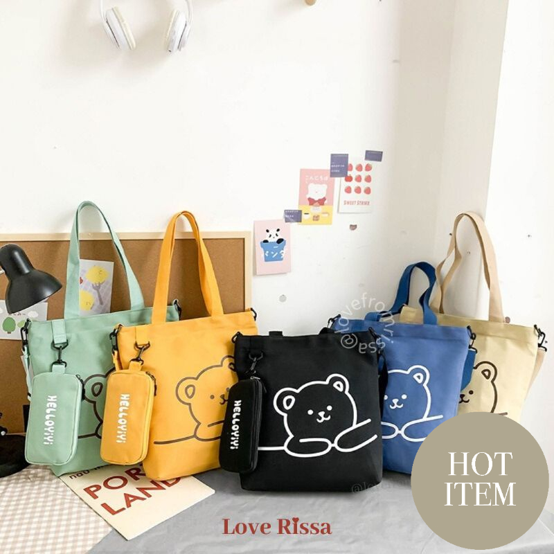 Tas Teddy Tas Japanese Style Tas Selempang Tote Bag 2 in 1 Solid Color Love Rissa