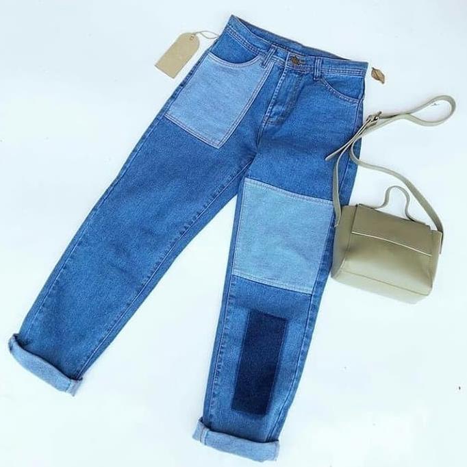 celana wanita jeans wanita boyfriend jeans motif dua warna
