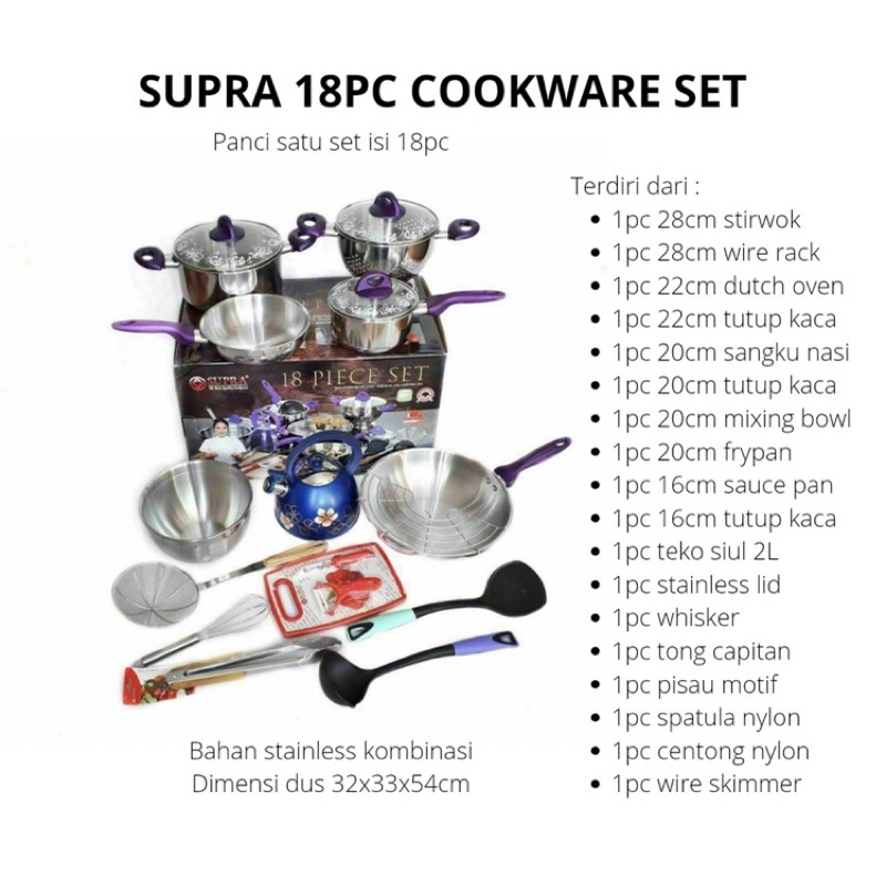 Panci Supra Stainless Steel 18 Pcs / Panci Set