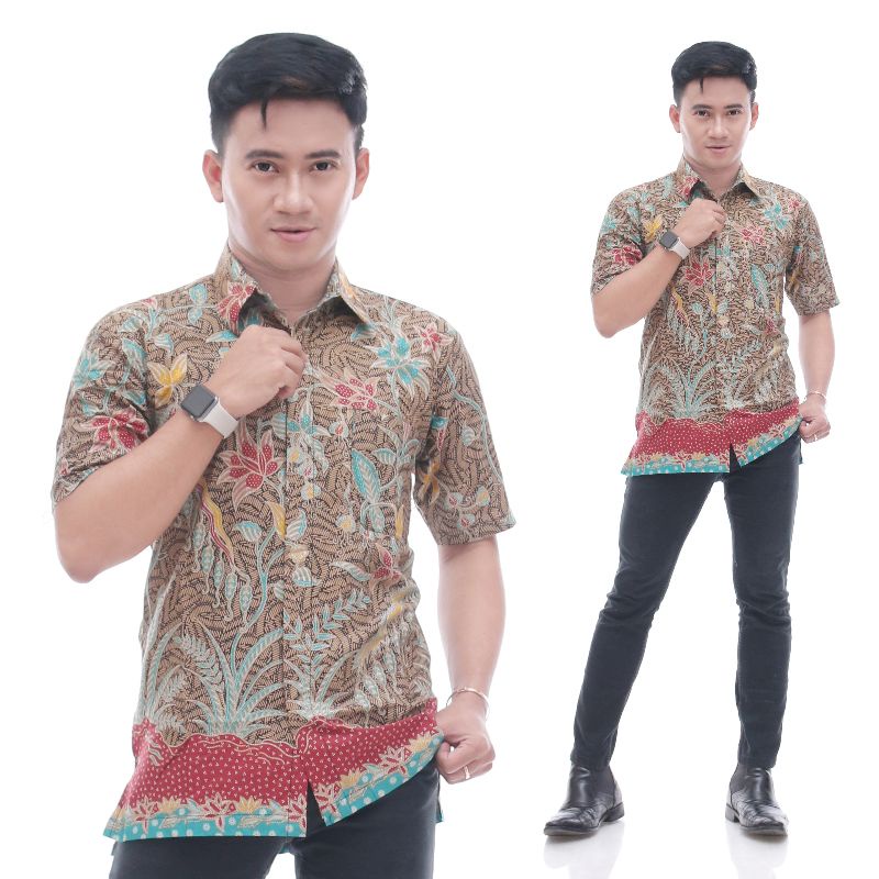 Kemeja batik pria modern hitam manis motif Padi unggu