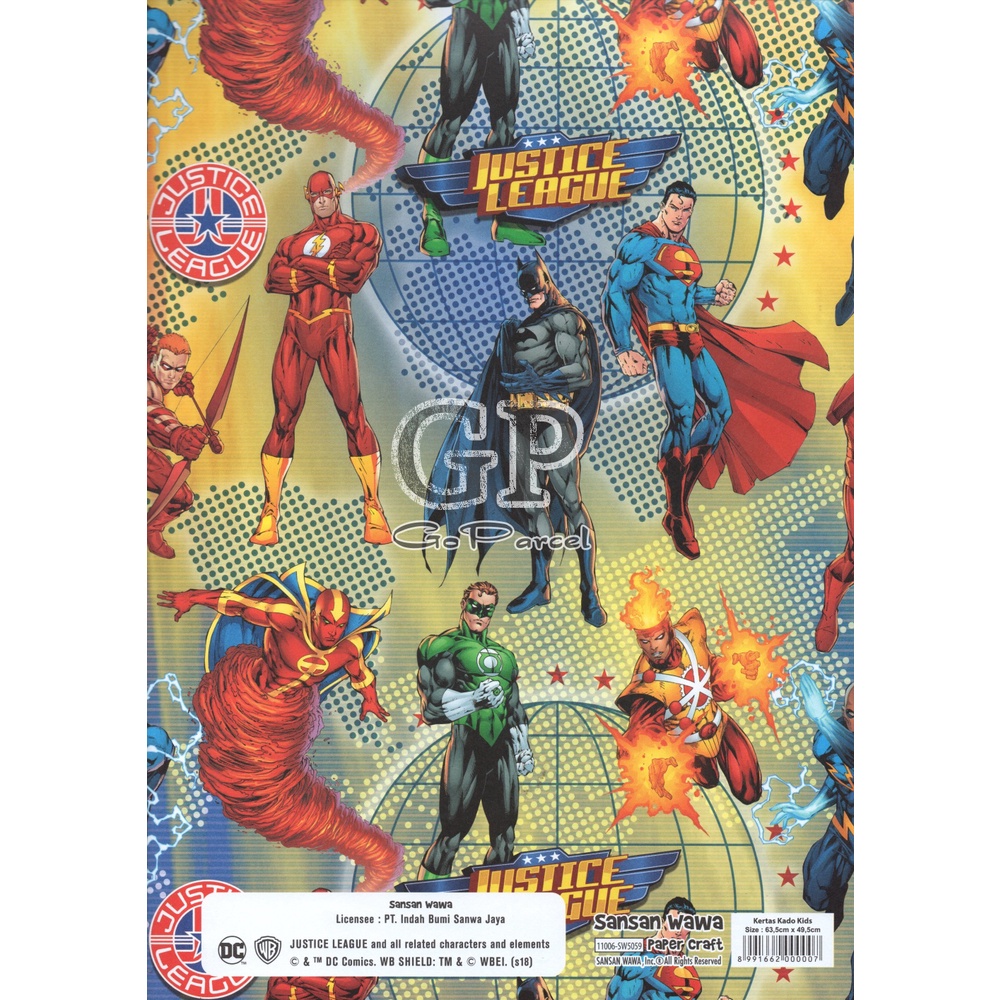 ( 5 Lembar ) KERTAS KADO JUSTICE LEAGUE - GIFT WRAP PAPER SANSAN WAWA SUPERHEROES SUPERMAN / BATMAN / THE FLASH / GREEN LANTERN / DC MARVEL SUPERHERO