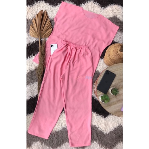 BAJU TIDUR ONE SET POLOS PINK / SETCEL RAYON SLEEPWEAR / PIYAMA LEKBONG WANITA SATU STEL CELANA PANJ