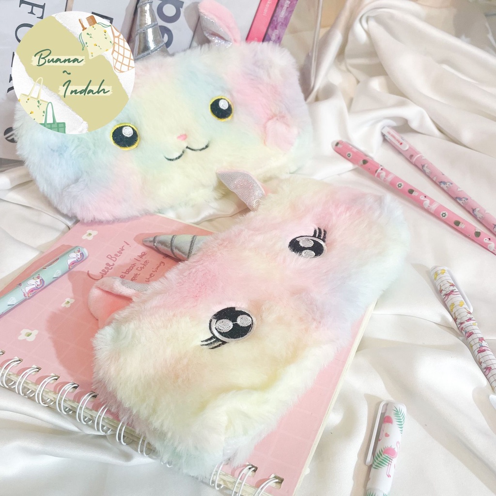 

Kotak pensil bulu unicorn muka mata wajag tepak tempat pencil case termurah bagus imut souvernir