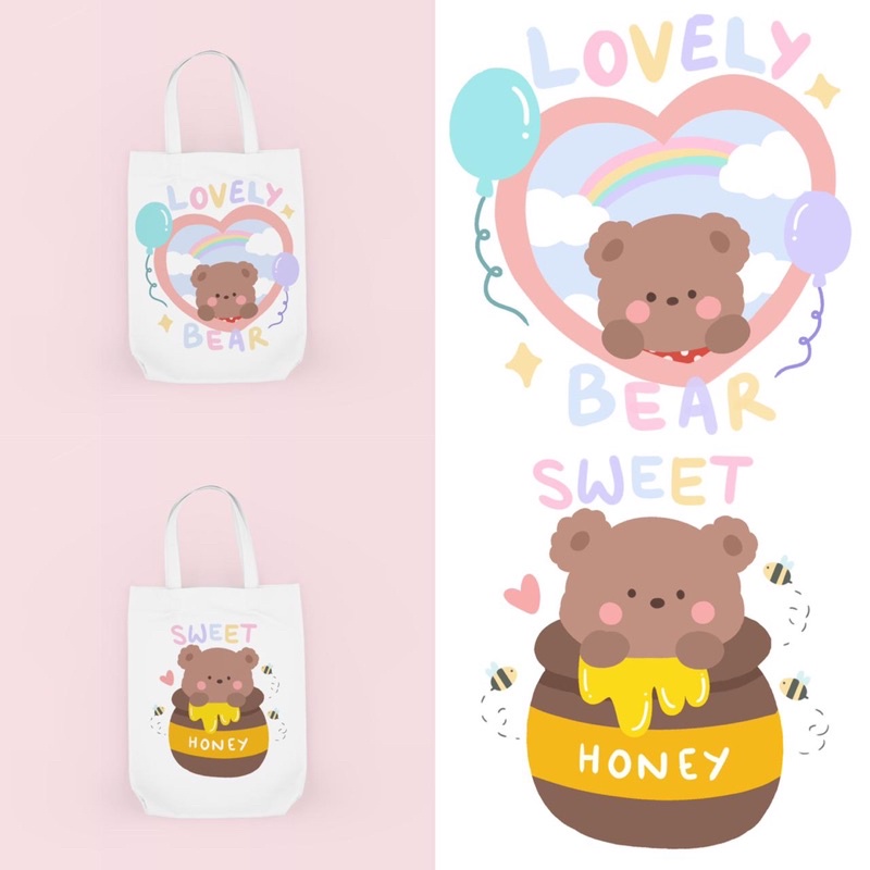 Tote Bag Cute Karakter dan Bergambar Tulisan Bear//Cute Baby Bear