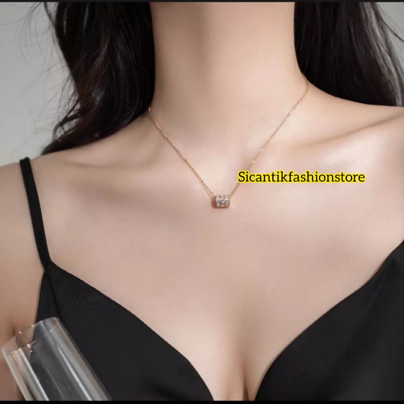 Kalung Titanium Rose Gold Liontin Zirkon Permata 45CM  Terbaru Anti Karat Selamanya Kalung Titanium Wanita Terbaru Rose Gold