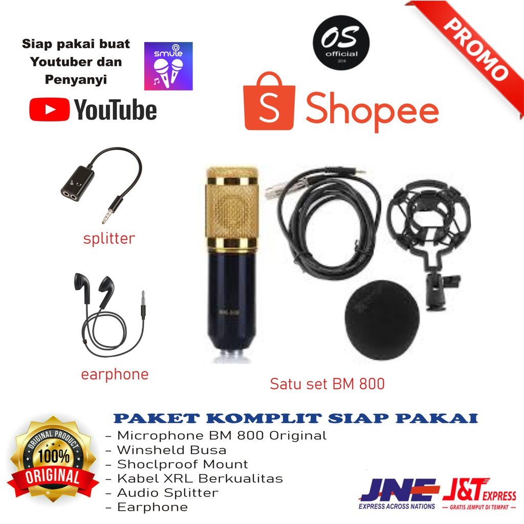 Satu Set Mikrofon Mic Original BM 800 Rekaman + Splitter + earphone