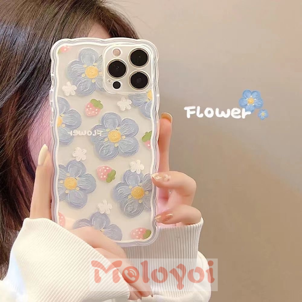 Soft Case Tpu Transparan Shockproof Motif Bunga Biru Untuk IPhone 11 12 13 Pro Max 7 8 Plus X 6 6s Plus XR XS Max SE 2020