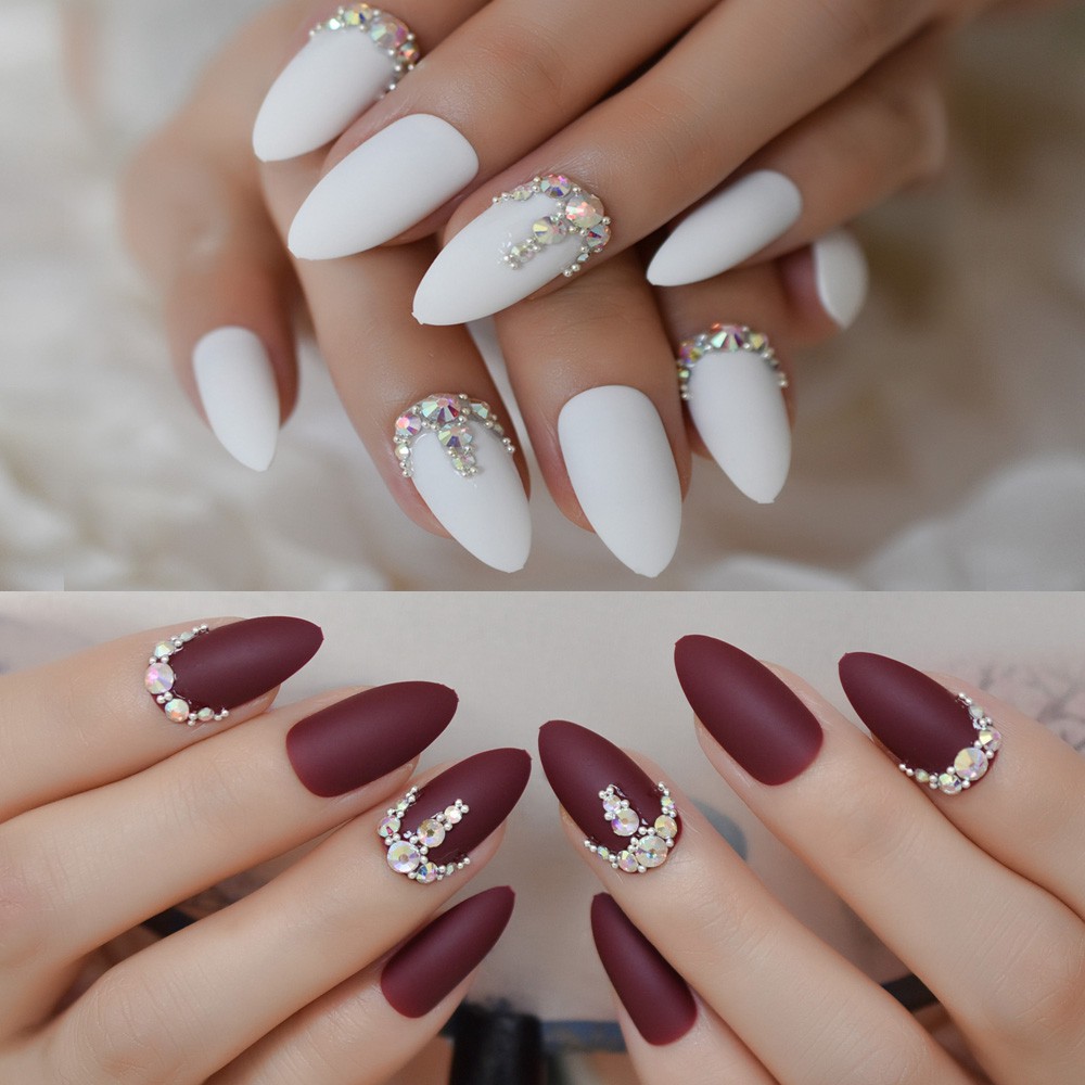 Kuku Palsu 3D Frosted Burgundy Matte Stiletto False Nails White 24pcs Amlond Sharp Fake Nails AB