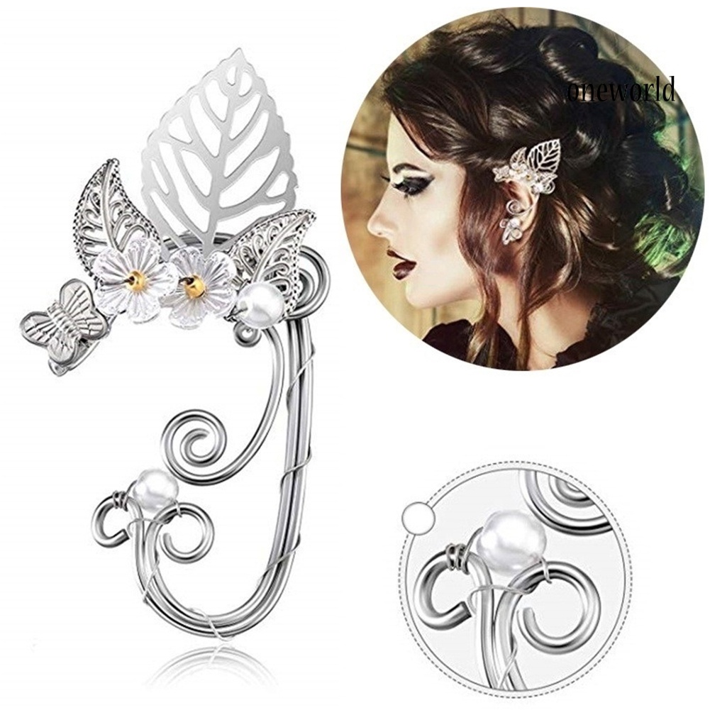 OW# 1Pc Hollow Flower Leaf Elf Faux Pearl Ear Cuff Clip On Earring Party Jewelry