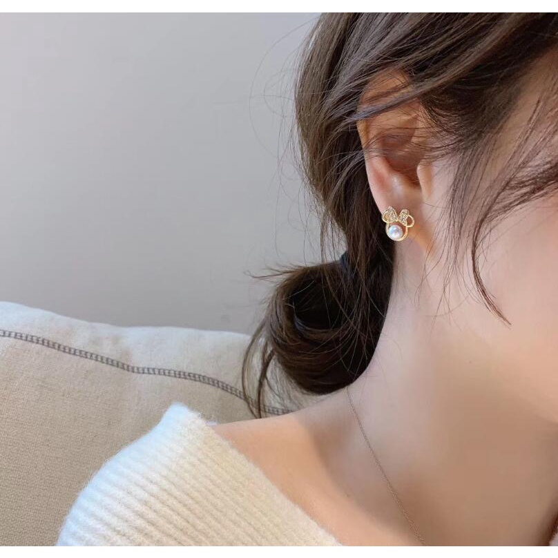 S925 jarum mikro bertatahkan mutiara bow tikus kecil anting-anting Internet celebrity fashion anting