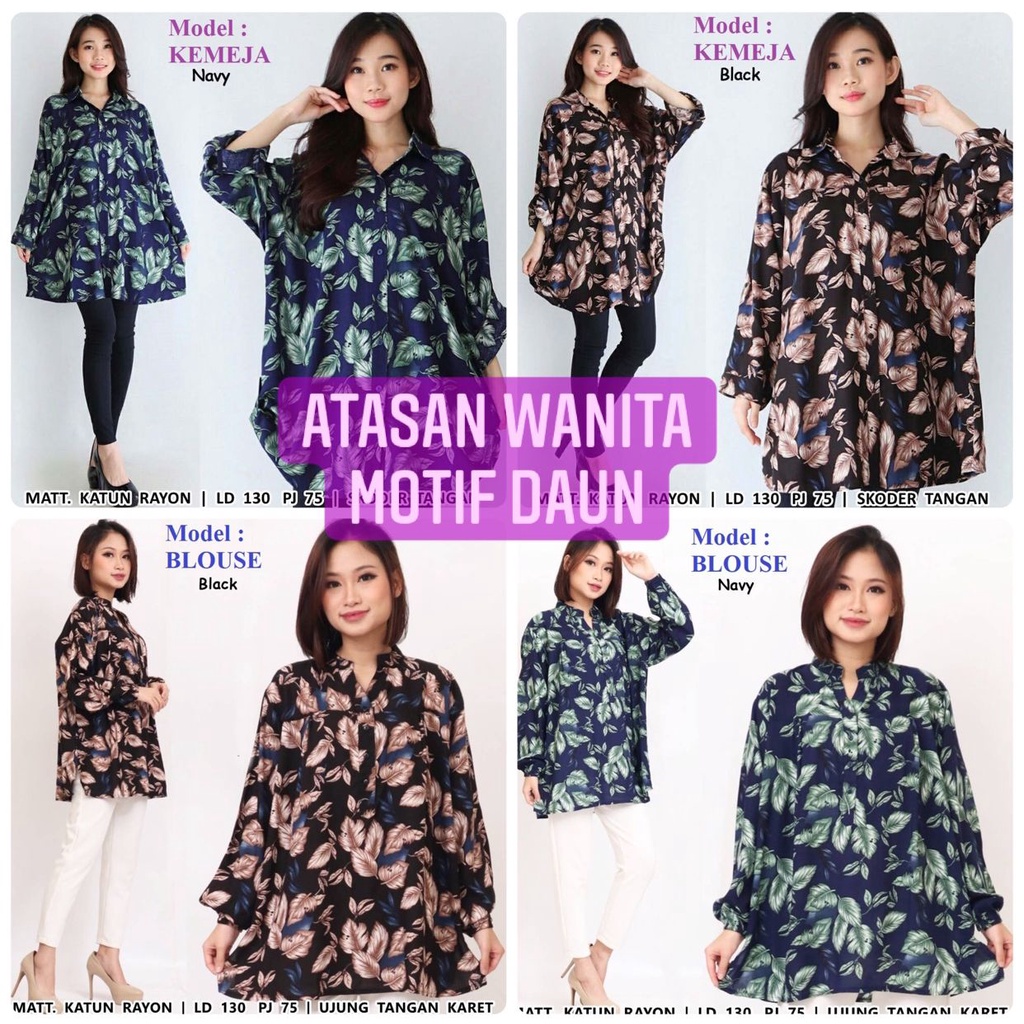 Terlaris 018 Kemeja atasan jumbo motif daun LD 130 4XL ukuran 4L katun rayon model kemeja full kanci