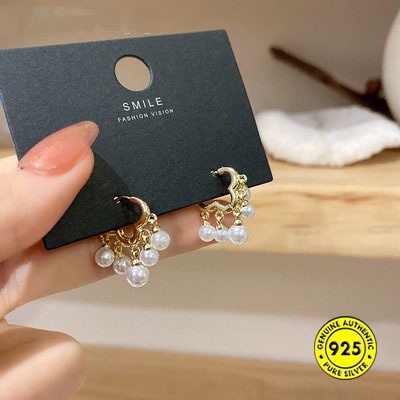 Anting Klip Telinga Lapis Emas 18K Hias Liontin Rumbai Mutiara Bahan Sterling Silver Anti Karat