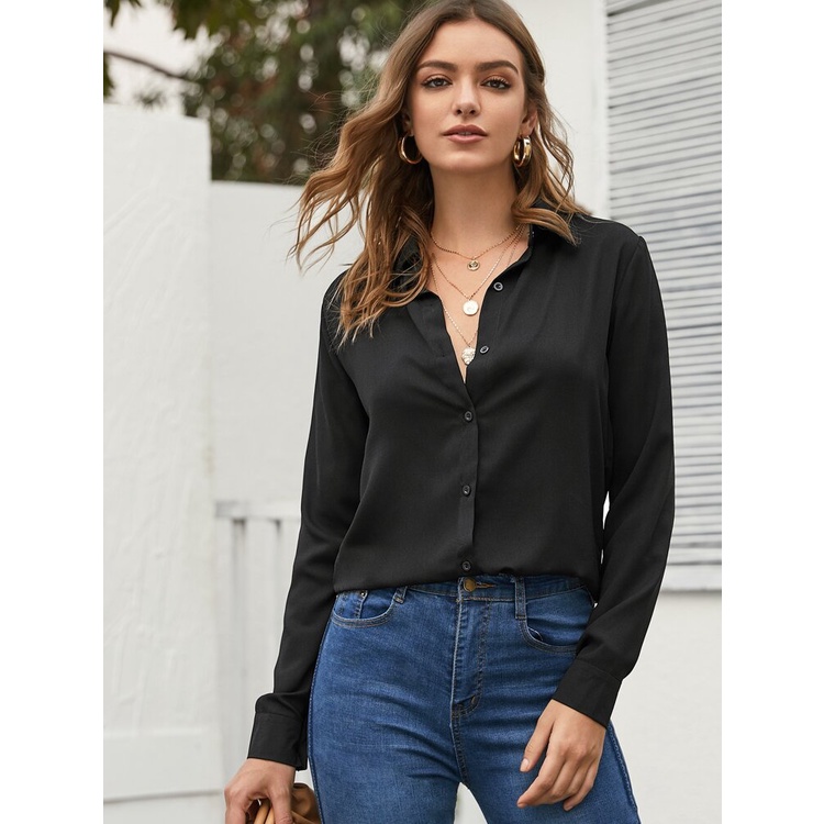 Kemeja Wanita Hitam Atasan Lengan Panjang Kekinian Black Blouse Woman-1