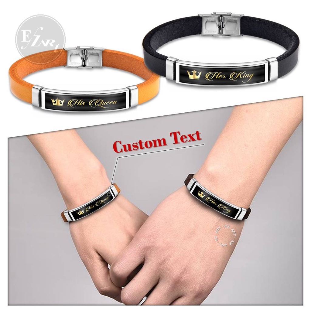 GELANG CUSTOM COUPLE KING QUEEN KULIT PLAT STAINLESS STEEL BISA REQUEST NAMA TULISAN CLASSIC ELEGAN PRIA WANITA