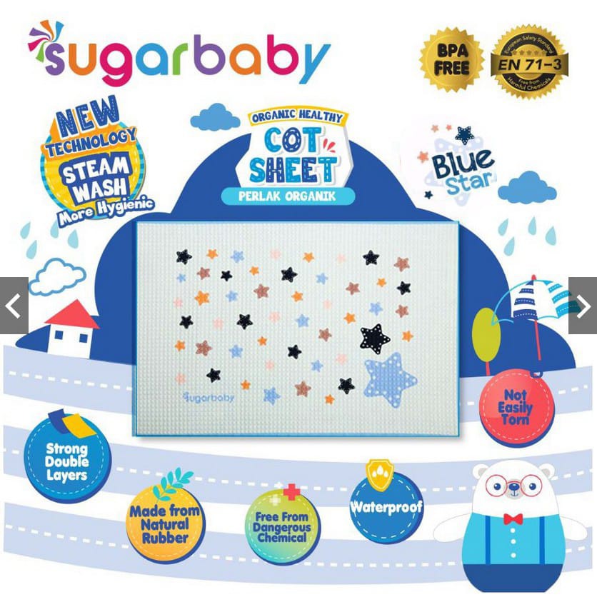 PROMO!! Perlak Karet Organic Healthy Cot Sheet Morinz Sugar Baby Ukuran 90x60cm Berkarakter