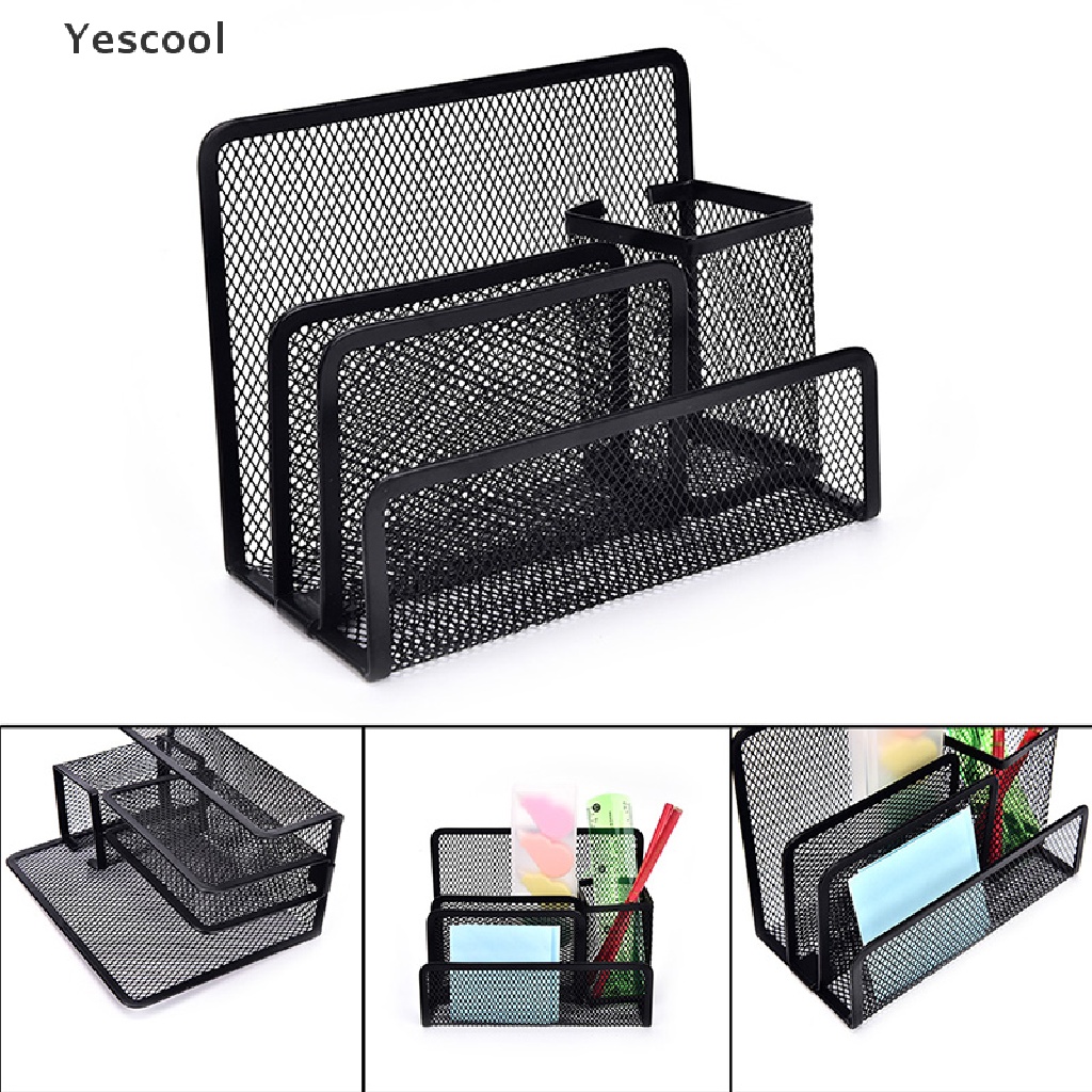 Yescool 1pc Rak Mesh Hitam Organizer Holder Kertas File Surat Untuk Meja Kantor