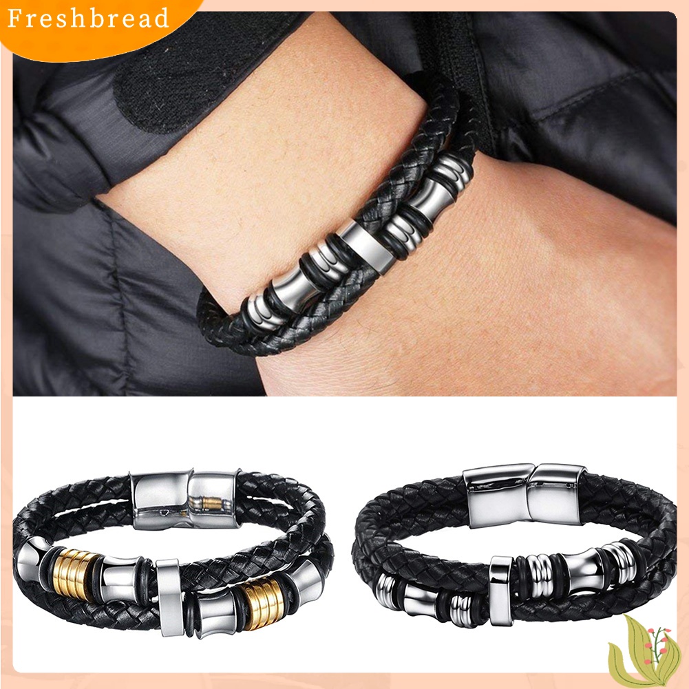 Terlaris Fashion Men Double Layer Faux Leather Braided Magnet Clasp Bead Bracelet Bangle