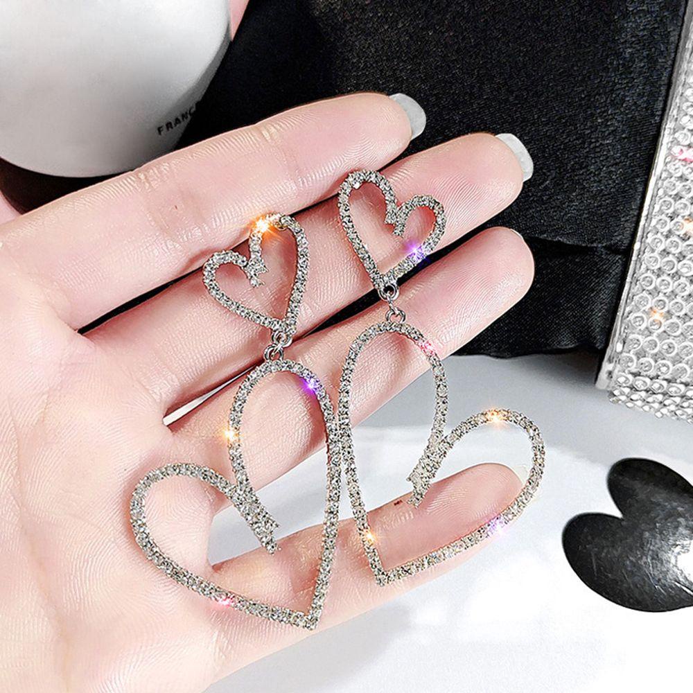 Anting Hoop TOP Perhiasan Wanita Mengkilap Ear Studs Double Heart