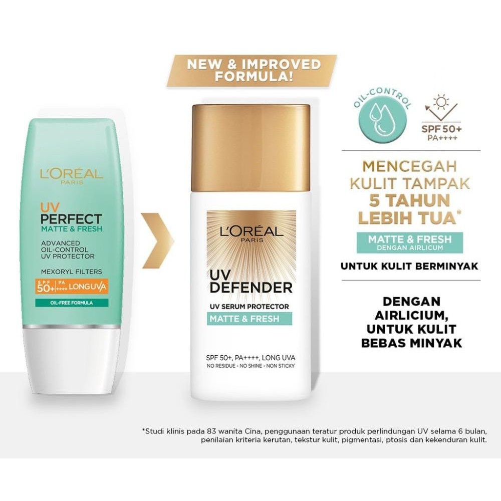 Sunscreen LOreal Paris UV Defender Serum Protector SPF50+/PA+ Matte&amp;Fresh Moist Correct Bright Aqua