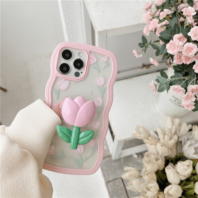 Pastel Pink Case with Tulip Holder Softcase Case HP Lucu for iphone XS Max XR 11 Pro Max 12 Pro Max 13 Pro Max