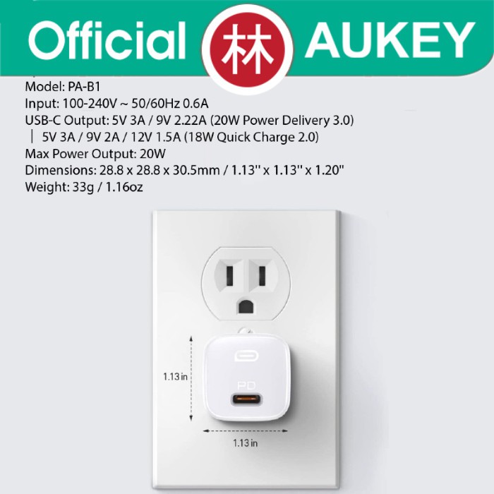 Aukey PA-B1 Omnia Mini Series Wall Charger USB-C PD 3.0