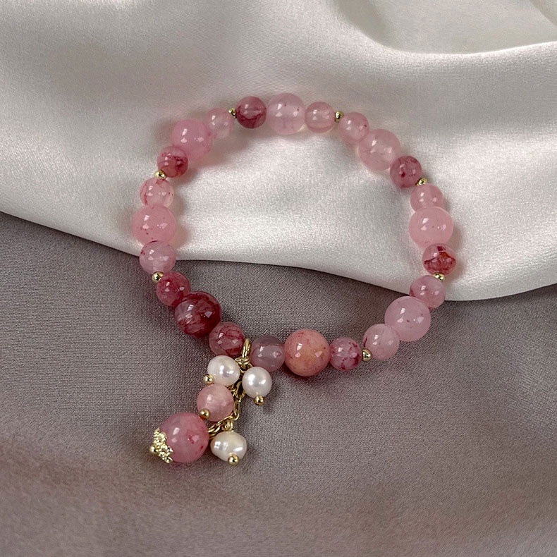 XiaoboACC Gelang Kristal Mutiara Strawberry Elastis Gaya Korea Untuk Wanita