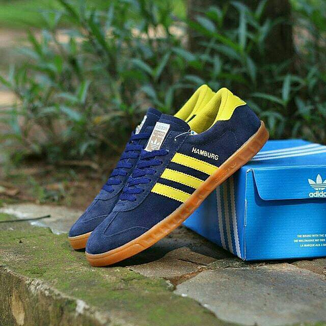 Sepatu Adidas Hamburg Navy Yellow Sneakers Kets Sekolah Kuliah Kerja Pria Cowok Kado hadiah Ultah