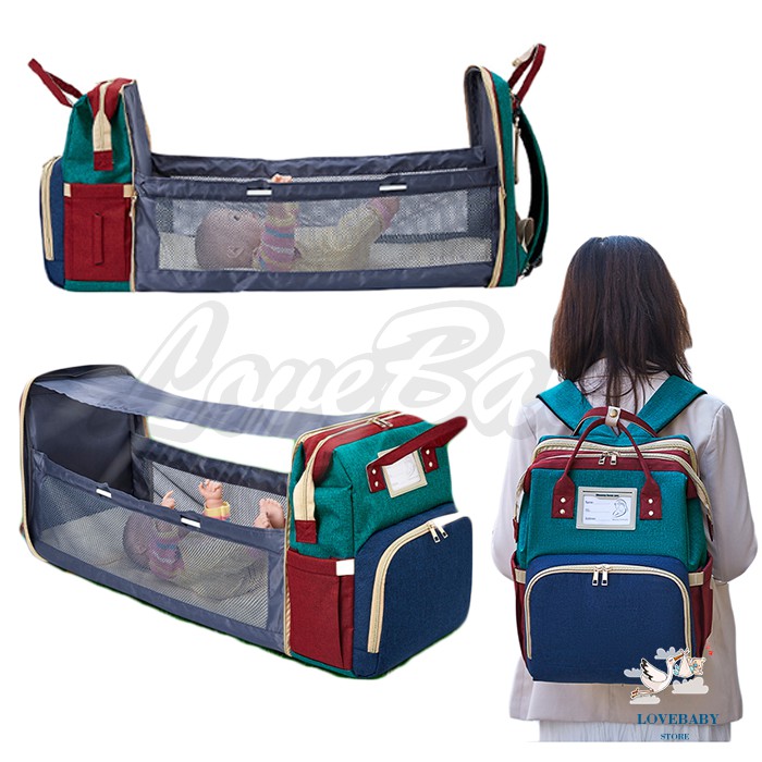 LBS Tas Bayi Multifungsi Tempat tidur lipat Baby diapers bag Perawatan Perlengkapan Ransel Backpack Canvas Anti Air