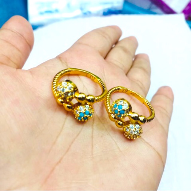 Cincin wanita cincin 2 bola kombinasi permata biru dan pitih cinicin lapis emas