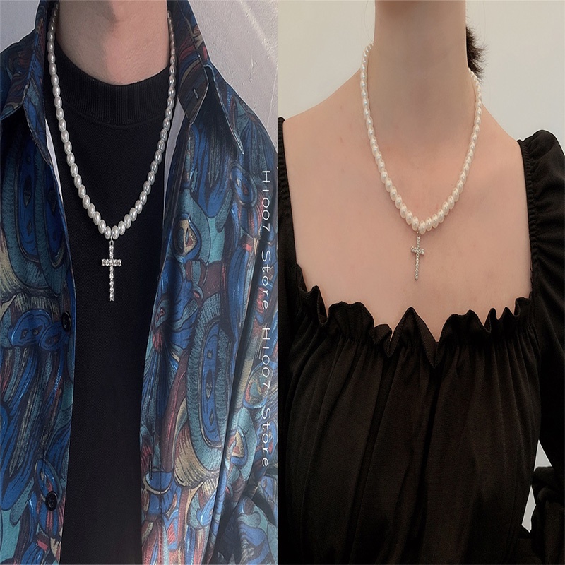 Kalung Liontin Mutiara Imitasi | Rantai Vintage Buatan Berlian Cross untuk Wanita Pria Perhiasan Hadiah