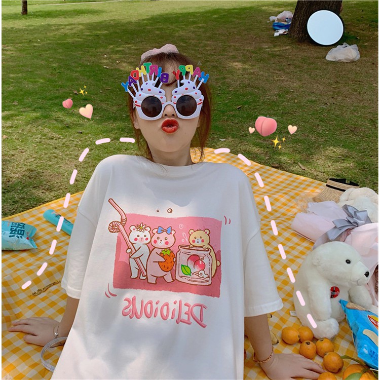 KBS-92 kaos oversize cute cartoon bear print t-shirt import korea jepang