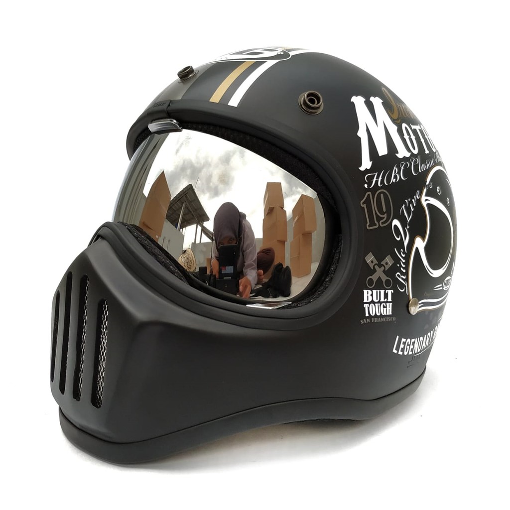 Helm Cakil HBC Just Ride Black + Inner Visor Chrome ( Fullface / Retro / Klasik / Vespa )