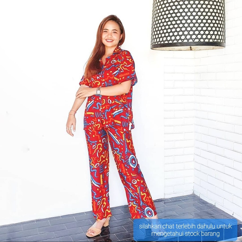 SETELAN PAJAMAS CELANA PANJANG MOTIF WANITA FASHION ONE SET KEMEJA