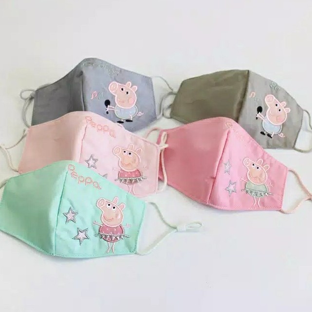 Masker Anak PEPPA Bahan Kain Katun Bordir Import