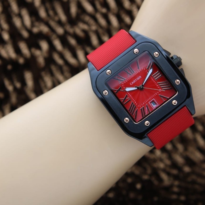 (BISACOD) JAM TANGAN FASHION WANITA CARTIER TALI KARET "2 - Merah