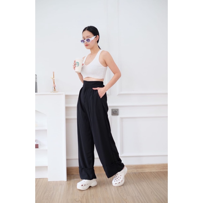 HOPYLOVY - Kulot Highwaist Long Pants Style Korea | Bawahan Wanita | Celana Panjang Wanita Polos | Kulot Highwaist Mega