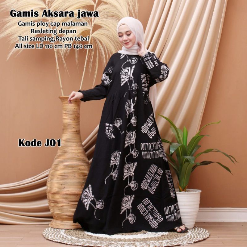Gamis Terbaru Rayon Premium Kekinian Syari Motif Aksara Jawa