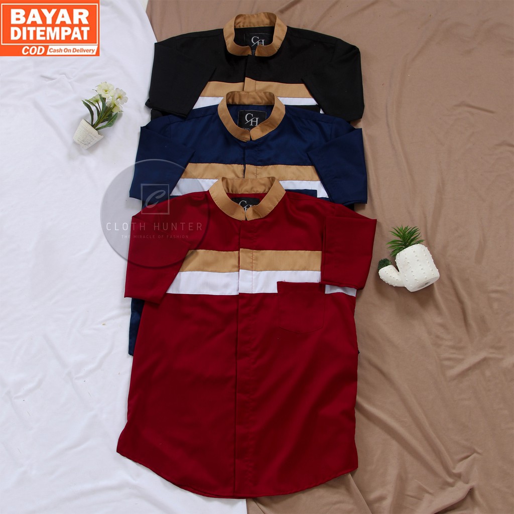 Baju Koko Qahtan Pria Dewasa Lengan Pendek Bahan Toyobo Warna Hitam Polos