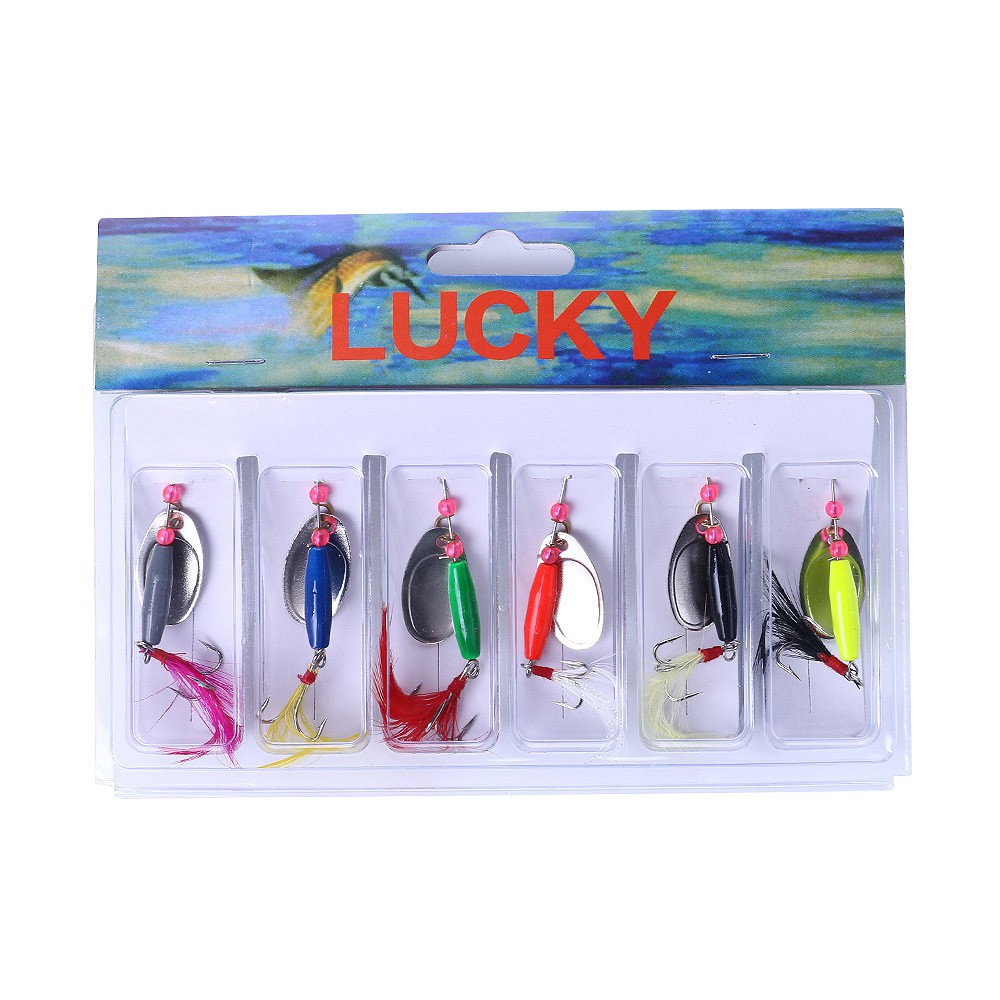 HENGJIA 6pcs/lot Umpan payet panas with feather freshwater spoon Spinner Fishing Lure Metal Hard Sequin Artificial Bait