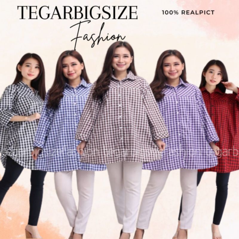 Kemeja Big Size Wanita LD 130 Motif Kotak Atasan Kasual Plus Size