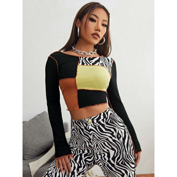 SHEIN Zebra Stripped Panel Seam Front Colorblock Tee