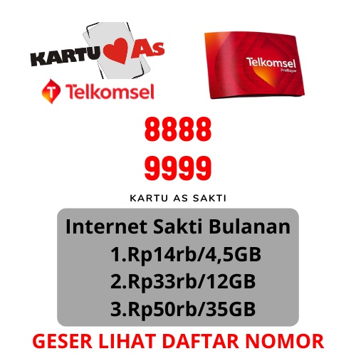 Nomor Cantik Telkomsel Kartu AS 4G LTE COMBO SAKTI INTERNET MURAH 999 888