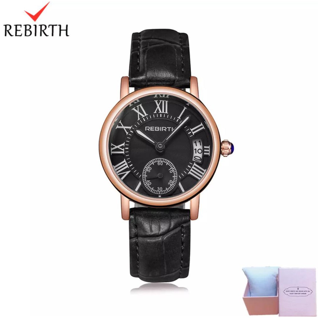 Grosiran Jam Tangan Wanita Rebirth 21303FK Analog Tali Kulit Detik Tanggal Aktif Free Baterai &amp; Box ORI (COD)