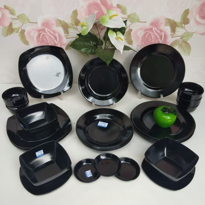Piring dan Mangkok Melamin Set Hitam 30 Pcs | Shopee Indonesia