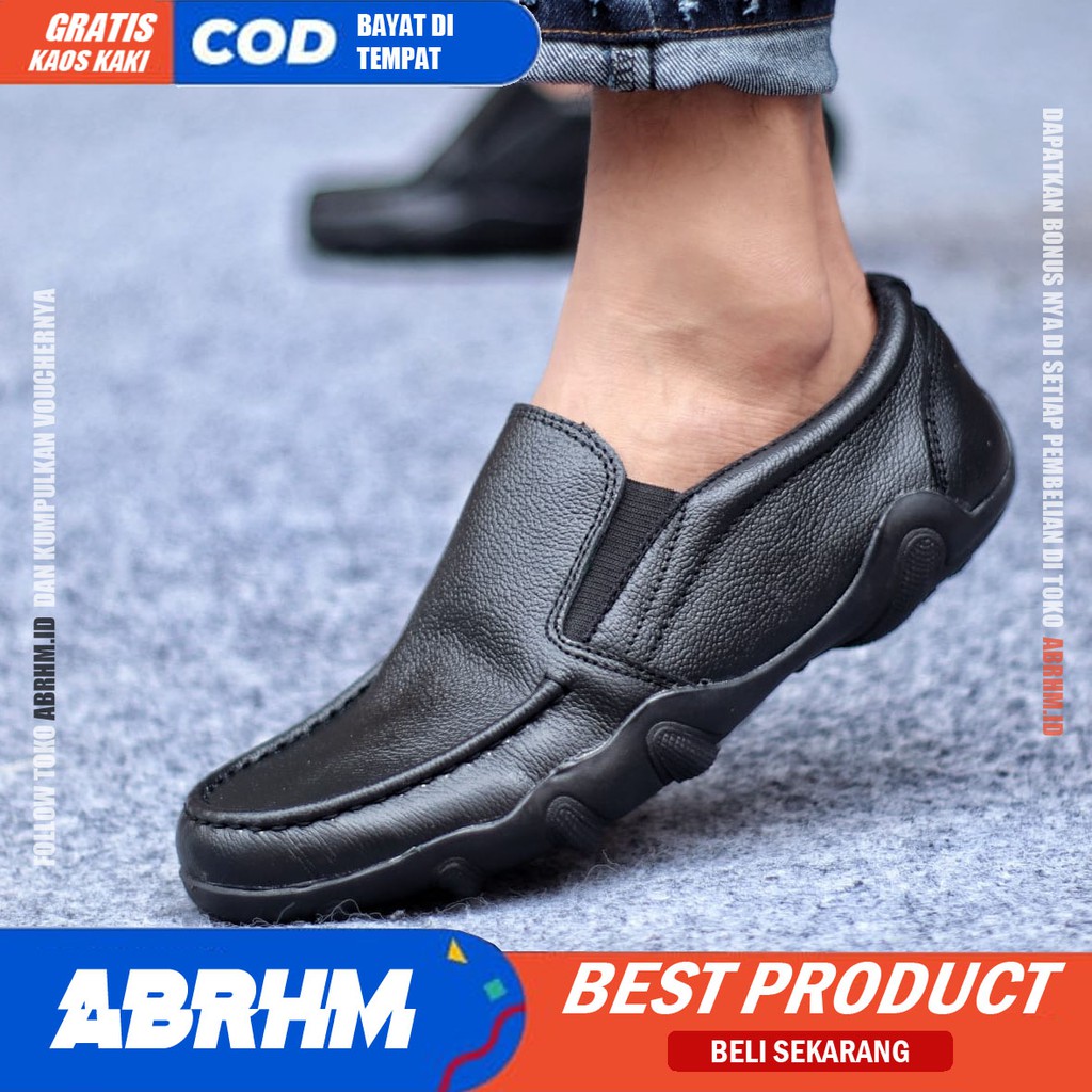 ABRHM x BARAN Sepatu Slip On Pria Sepatu Casual Pria Kulit Asli Ori Cowok/Cowo Sepatu Kerja Sepatu Kasual Semi Formal Gaya Santai Keren Kekinian Murah Original Terlaris