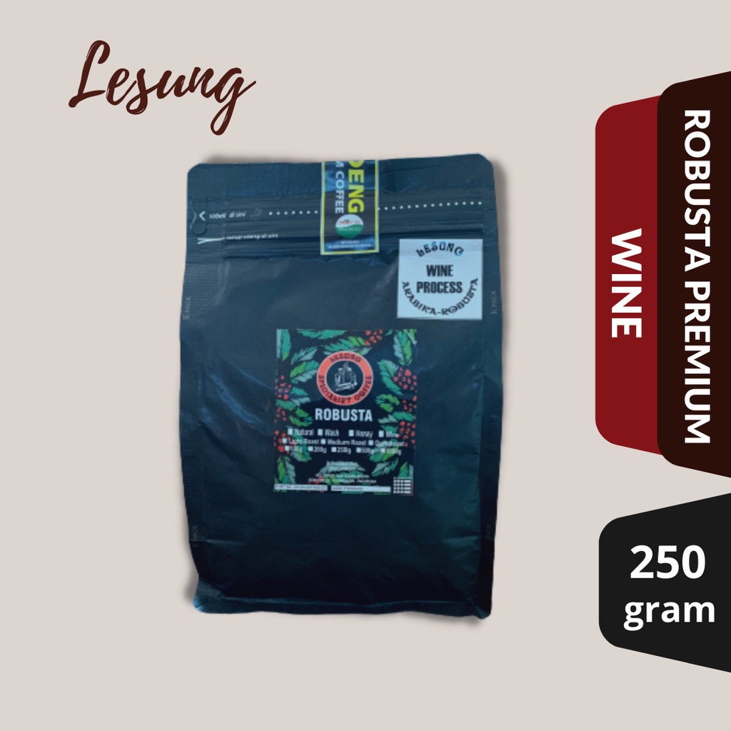 

Lesung Roast Bean Robusta WINE Organik SNI 250 GRAM | Organik SNI | Medium Roast I KOPI LESUNG I KOPI LESOENG l KOPI KAPITEN I KOPI PASURUAN