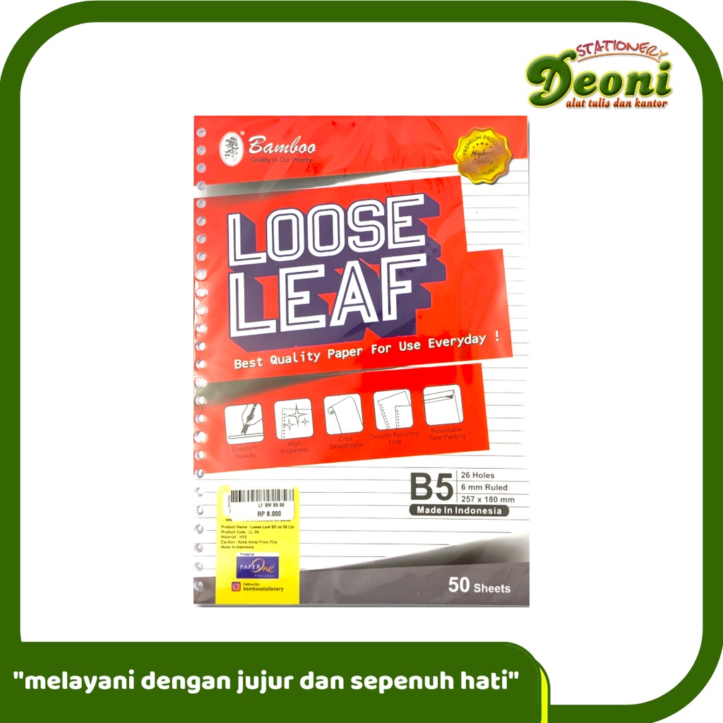 

BAMBOO B5 Loose Leaf / Isi Kertas File / Binder / 50 Lembar