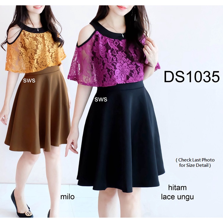 DS1035 - DRESS PESTA BRUKAT LACE SCUBA DRESS FLARE WANITA IMPORT MURAH NATAL