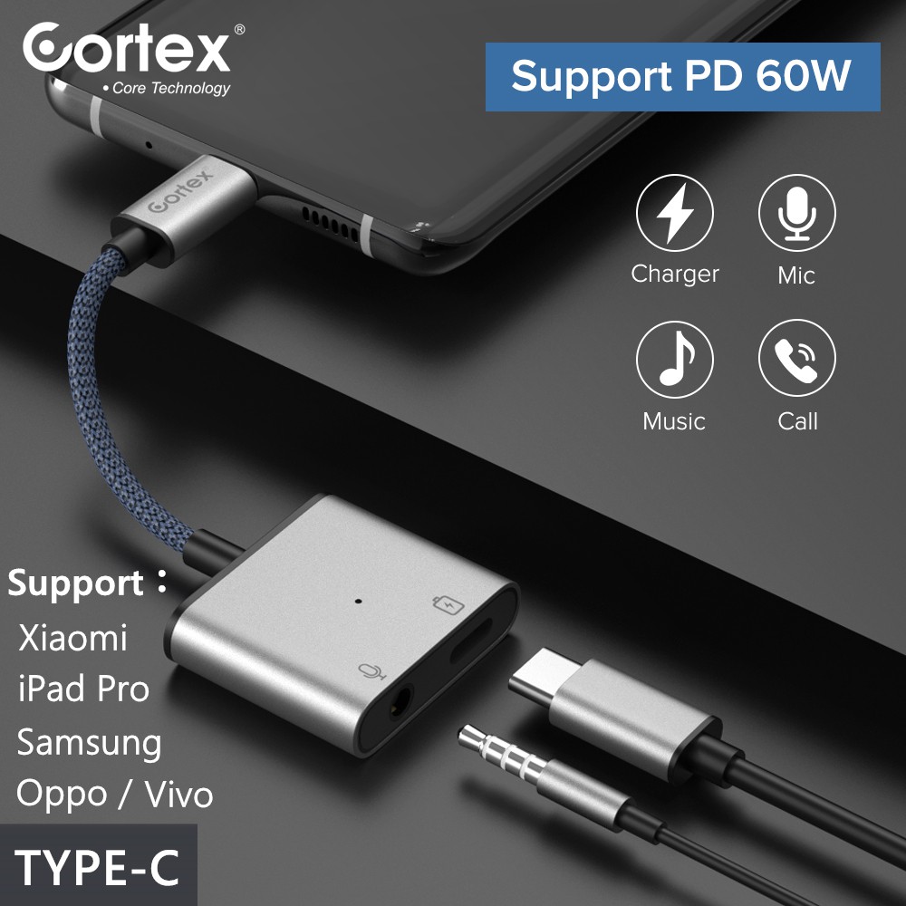 Cortex Adapter Splitter 2 in 1 60W Tipe c to 3.5mm to Type C USB C Pad Pro  Xiaomi Samsung Google