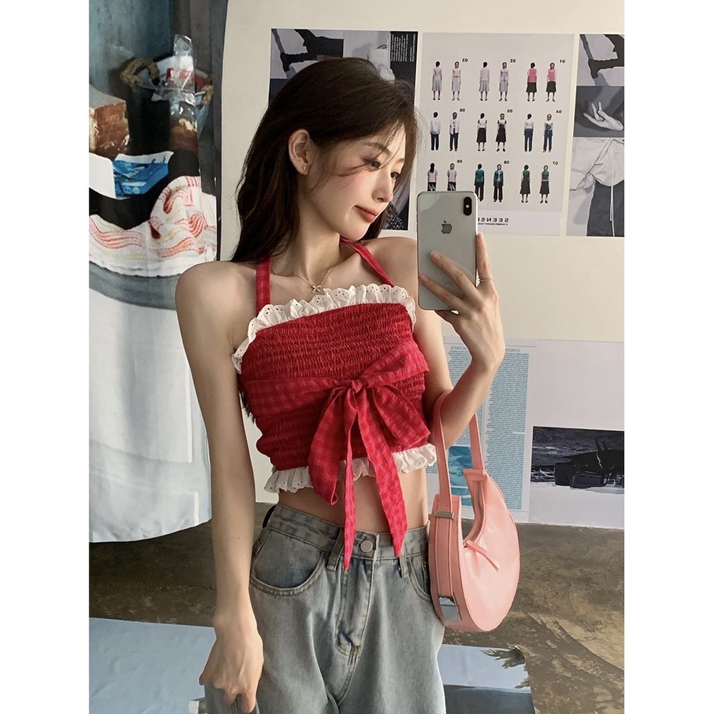 Red wanita kamisol wanita desain manis halter neck bow short top summer new hot girl inner bottoming shirt